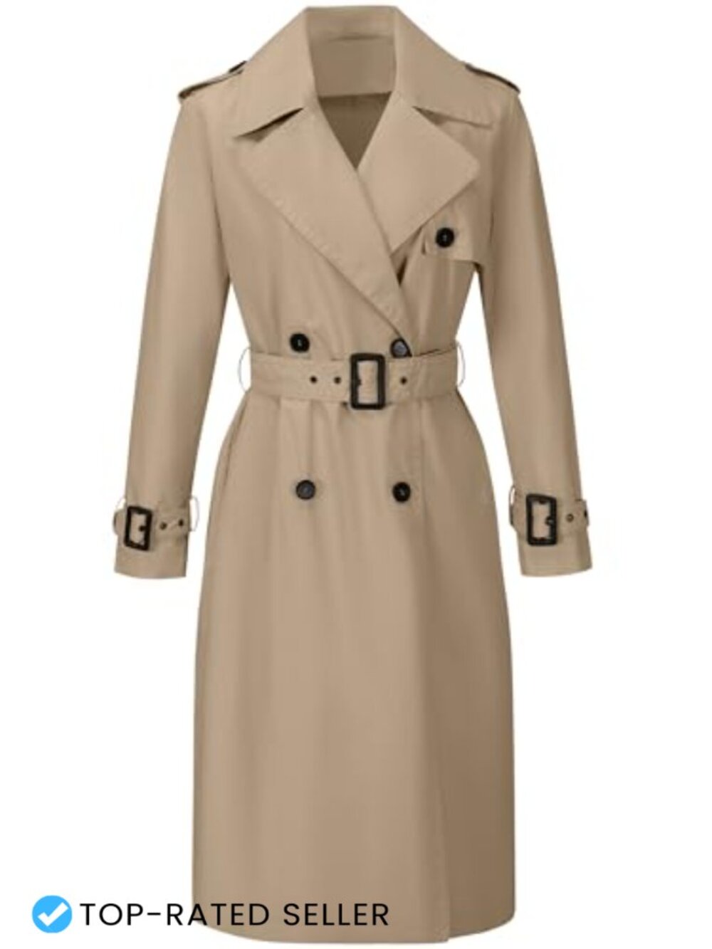 Waterproof Double-Breasted Long Trench Coat Belted Lapel Fall Spring